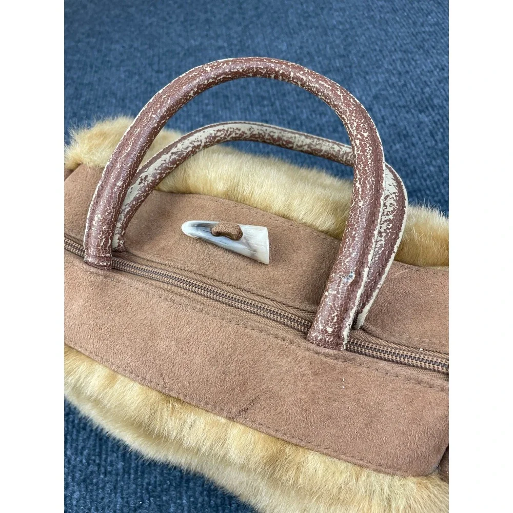 Vintage Tan Suede Faux Fur Barrel Bag Pom Pom Beaded Fringe Horn Toggle Boho